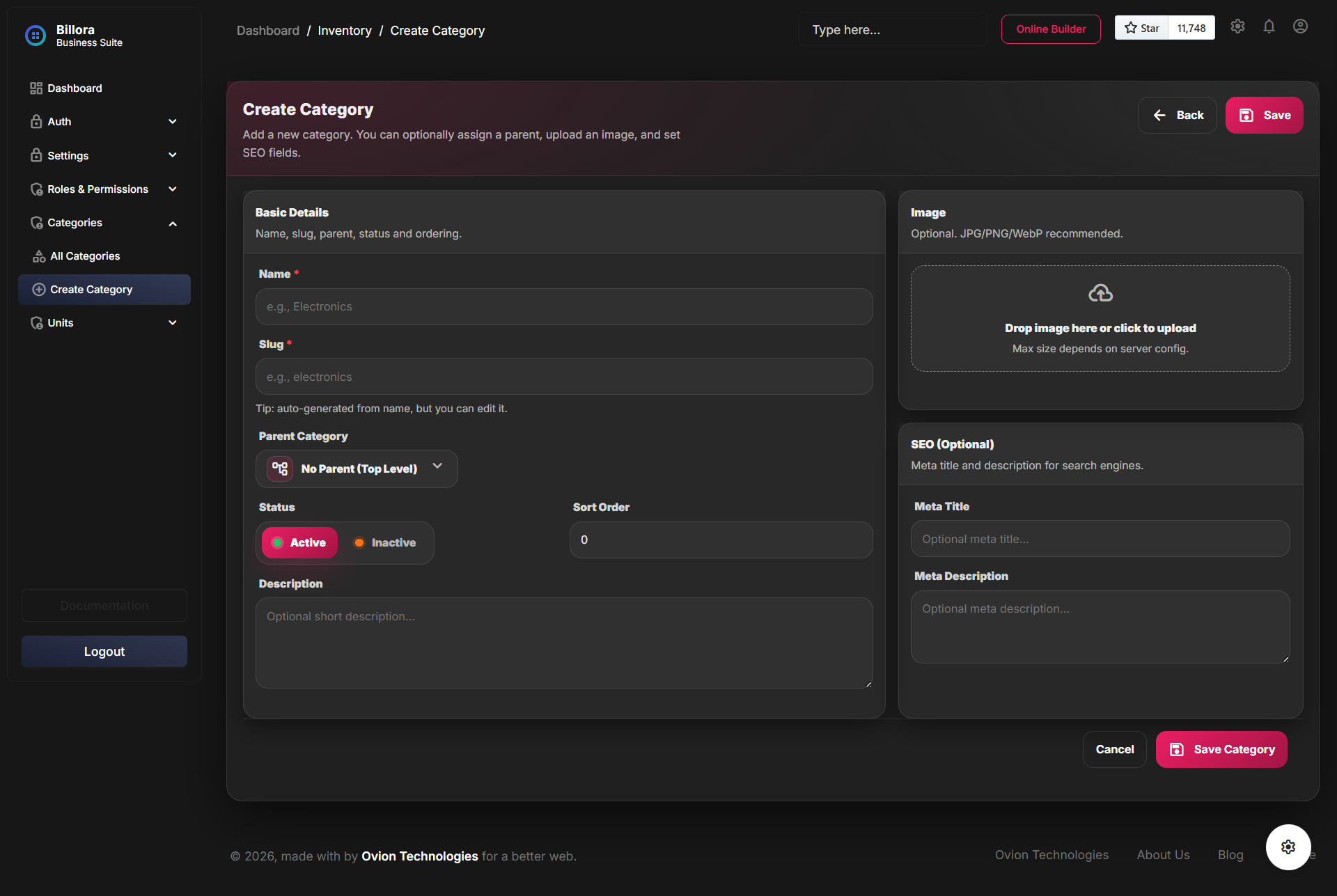 Category create or edit form in dark mode