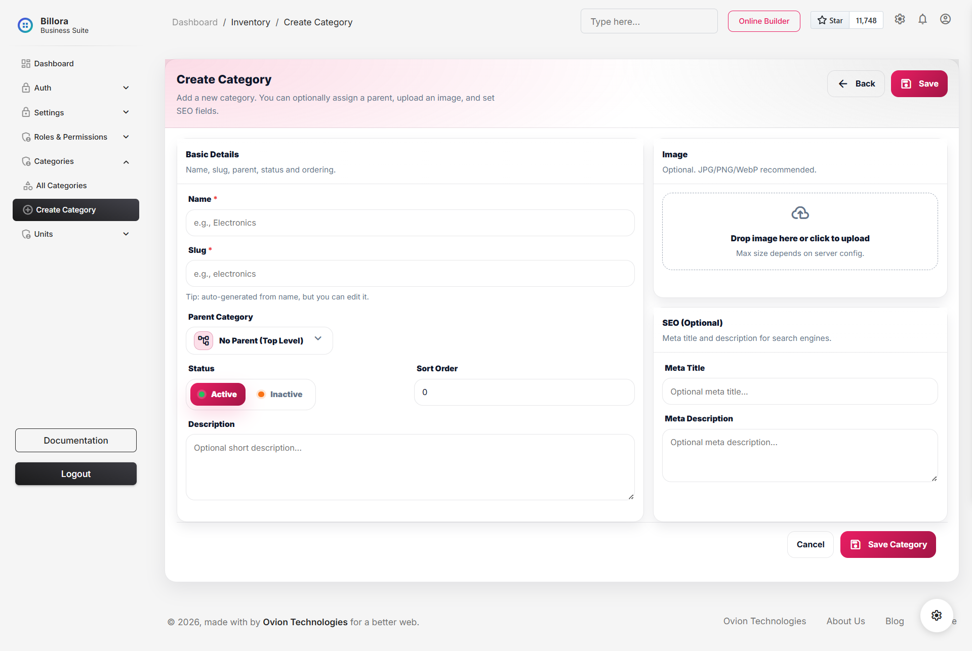 Category create or edit form in light mode