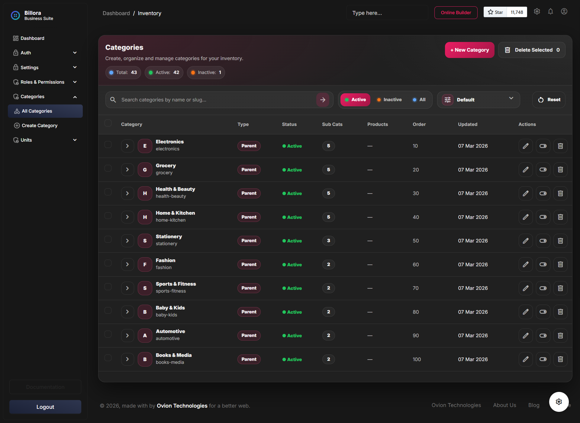 Category module listing page in dark mode