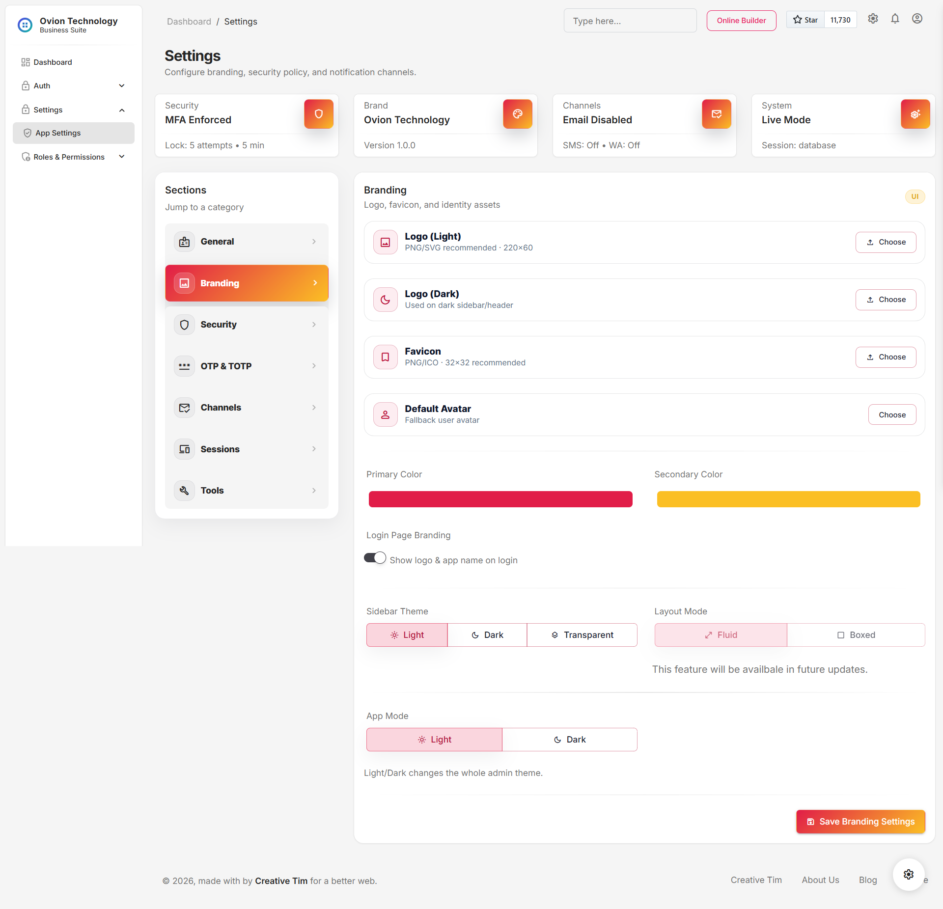 Branding settings screen
