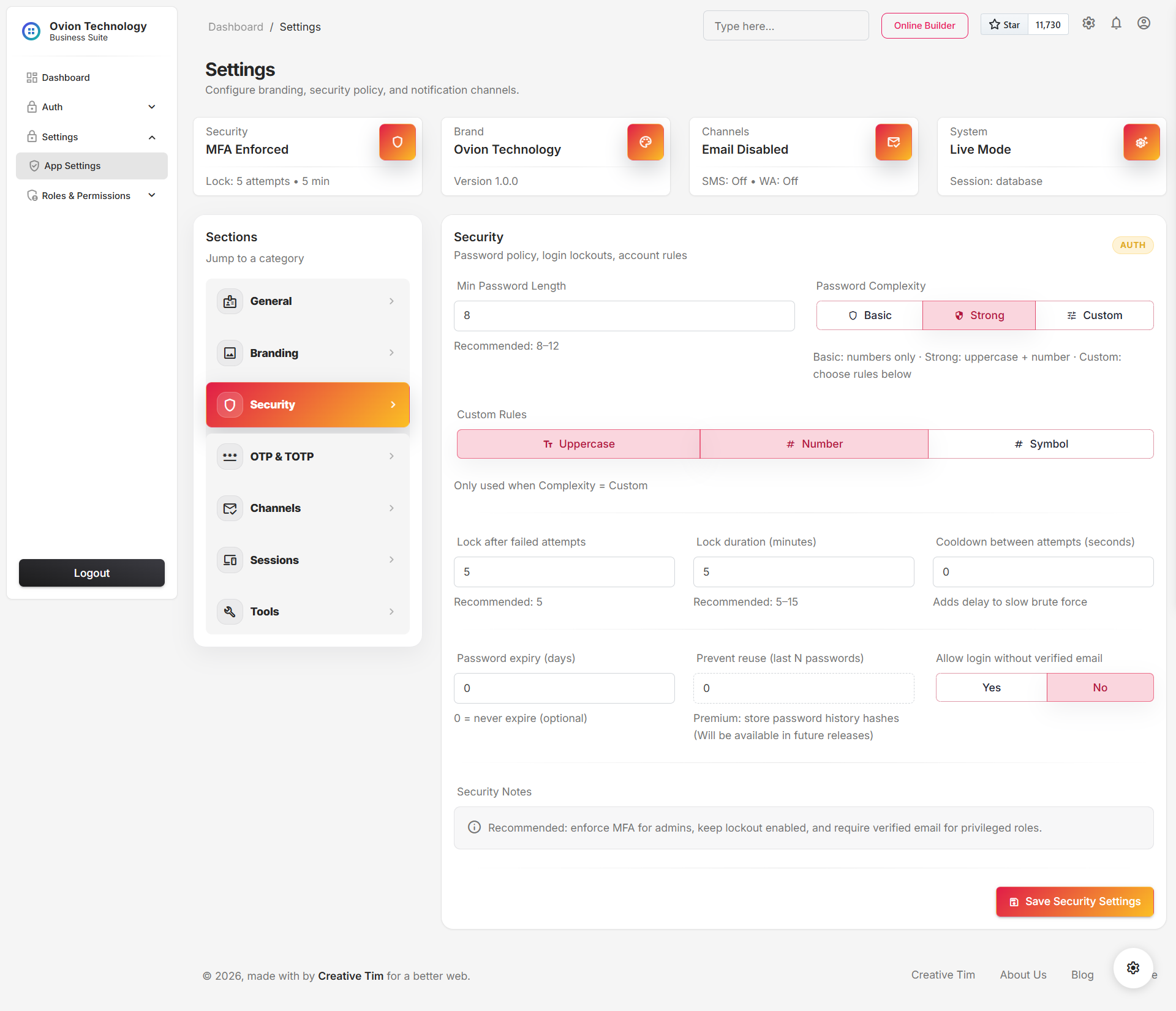 Security settings screen