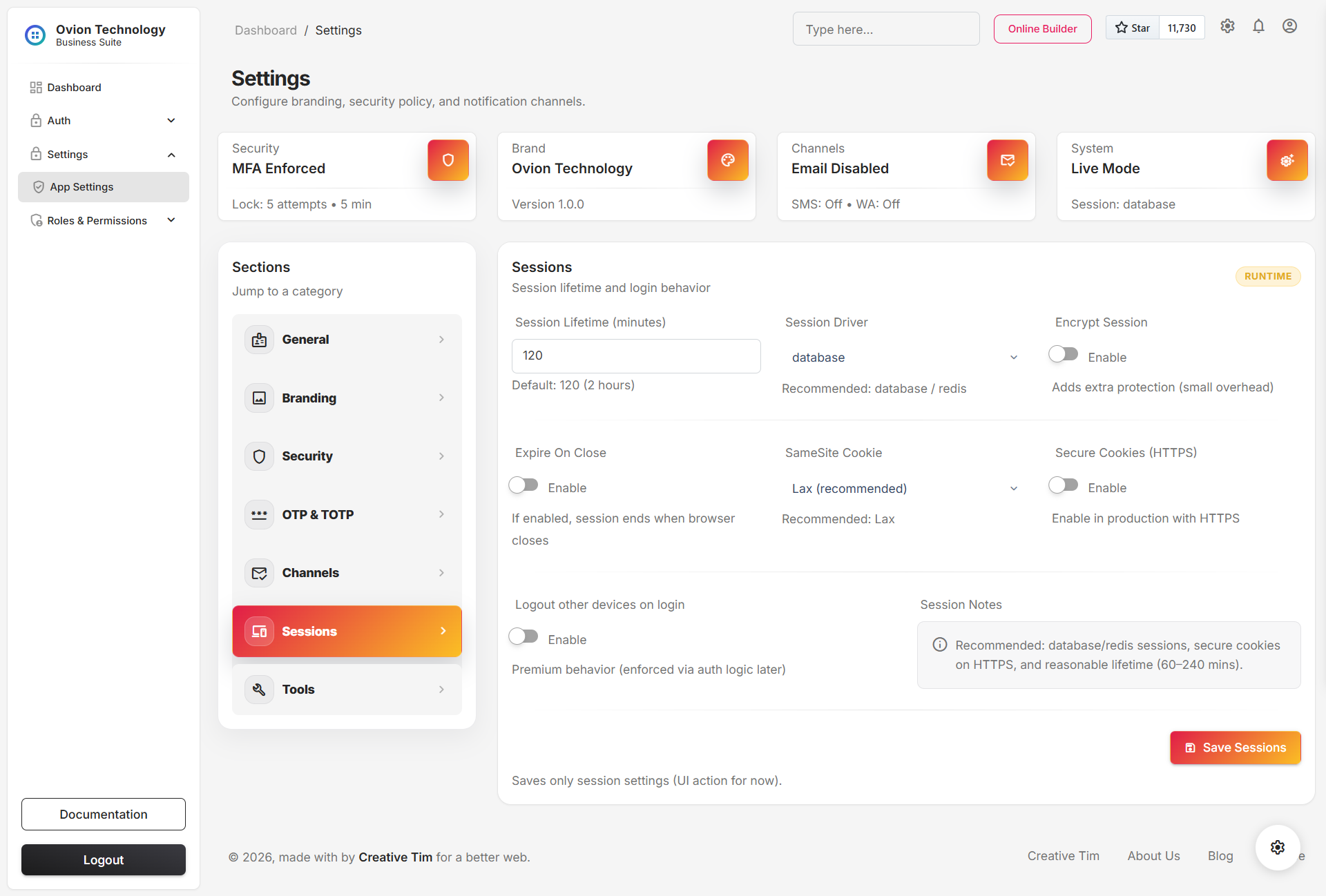 Sessions settings screen