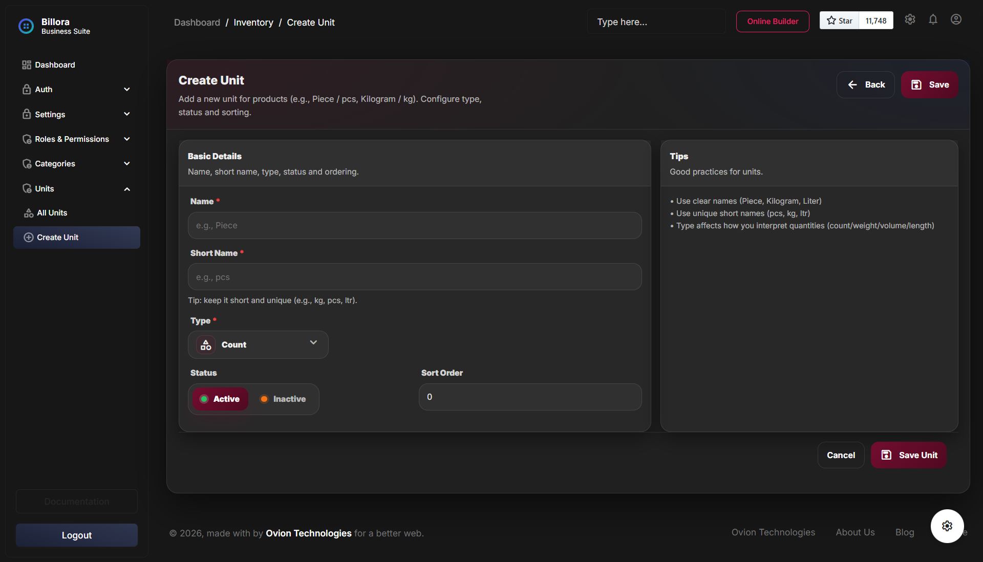 Units create or edit form in dark mode