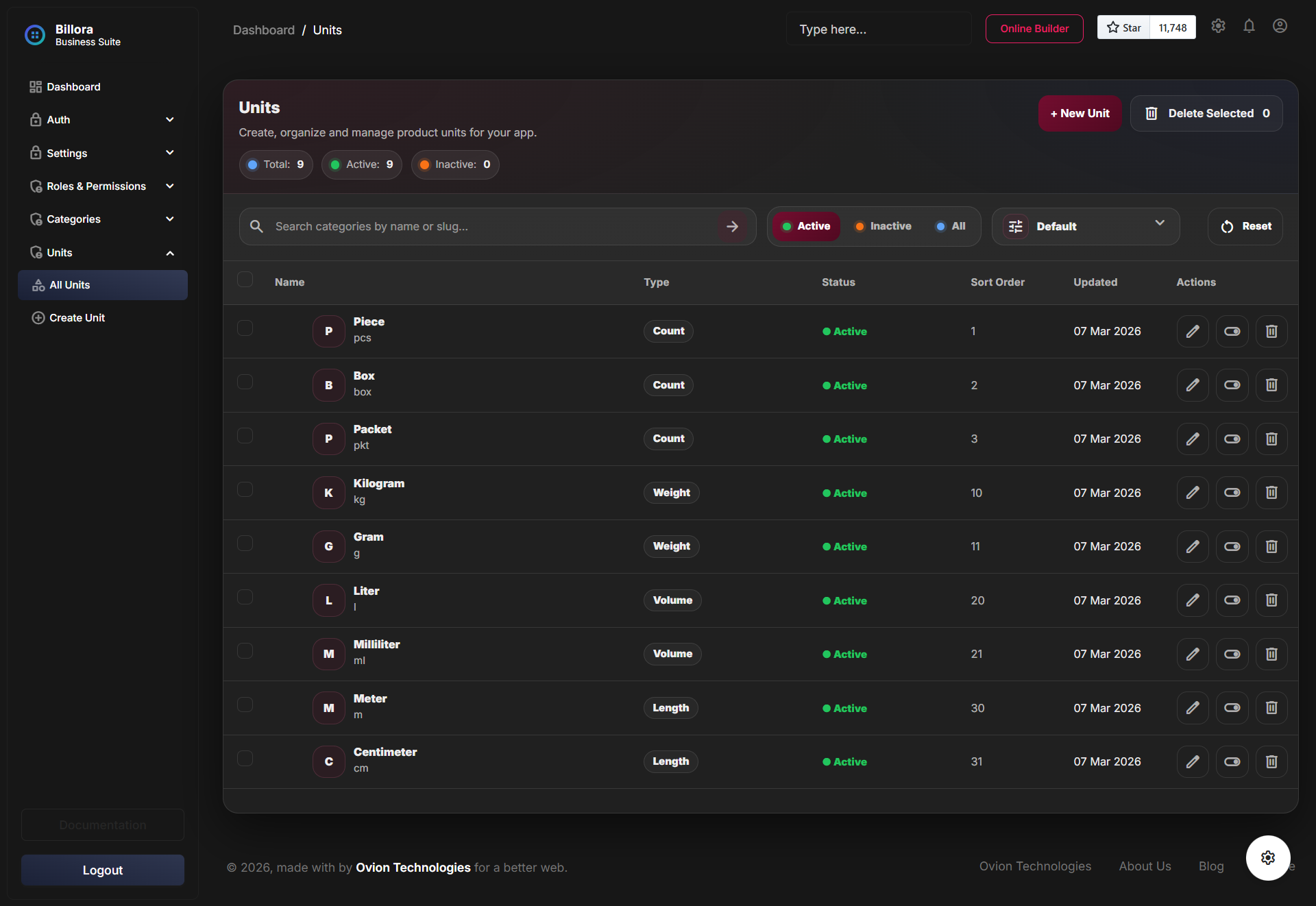 Units module listing page in dark mode